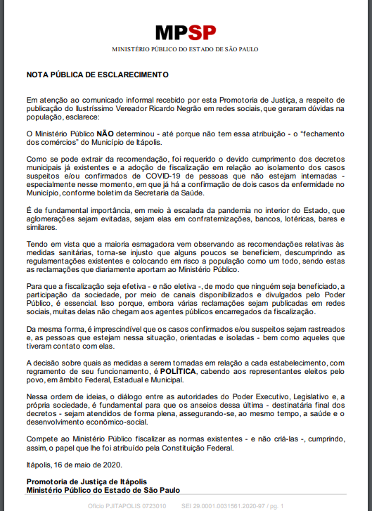Ministério Público esclarece recomendações enviadas a Prefeitura de  Itápolis, PM e GCM - Primeira FM - 99,9 - Itápolis